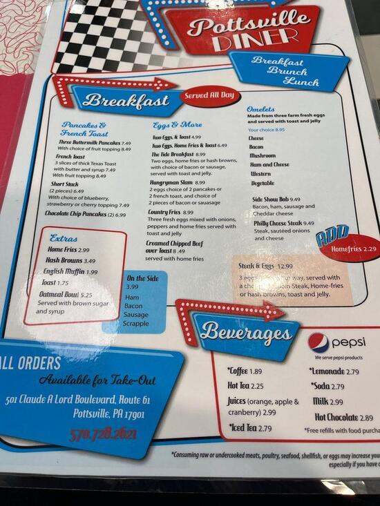 Menu at Pottsville Diner restaurant, Pottsville, 501 N Claude A Lord Blvd