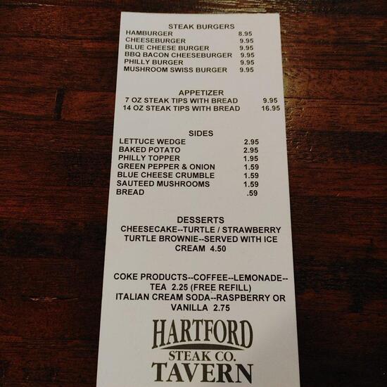 Menu at Hartford Steak Co. Tavern pub & bar, Vermillion