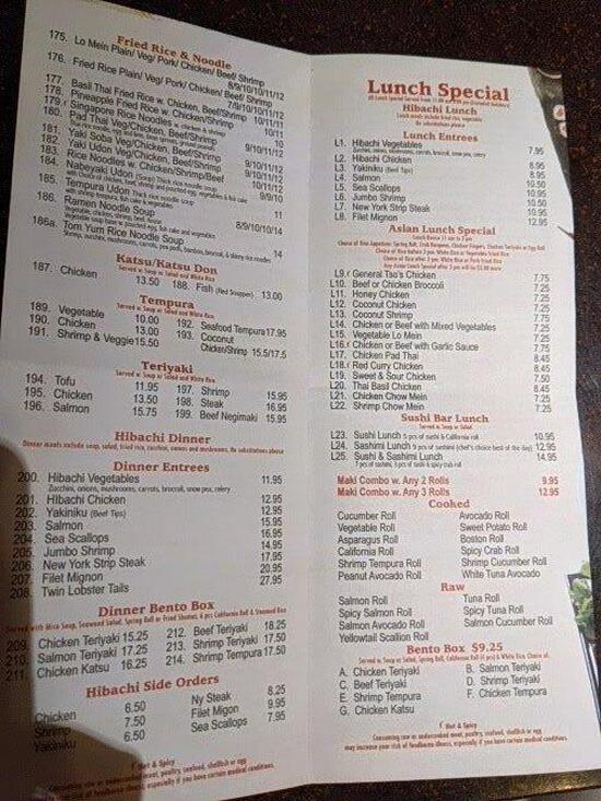 Menu at Yamato Asian Bistro Inc restaurant, Spencer