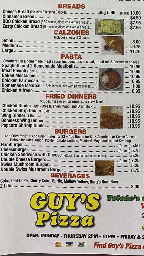 Menu at Guy's Pizza pizzeria, Toledo, Starr Ave