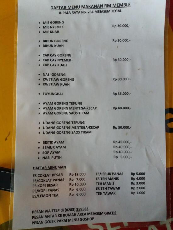 Menu at Memble Resto restaurant, Tegal