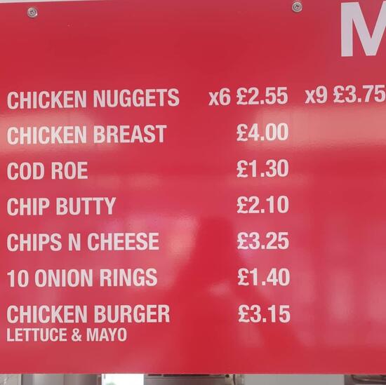 Menu at Sally's Fish 'n' Chips restaurant, Hunstanton