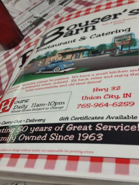 Menu at Bouser's Barn Restaurant & Catering, Union City