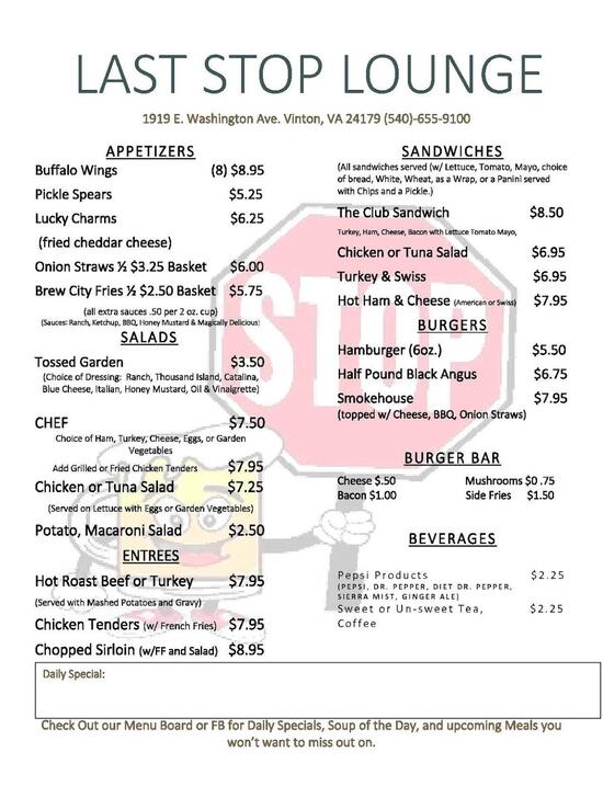 Menu at Last Stop Lounge restaurant, Vinton