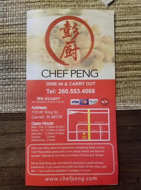 Chef Peng Chinese Restaurant in Garrett Restaurant menu and reviews
