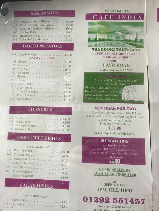 Menu at Cafe India, Dalmellington