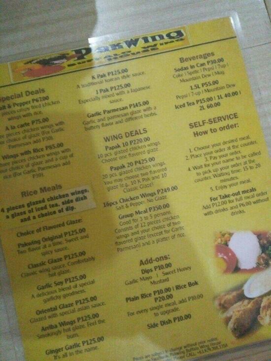 Menu at Pakwing Buffalo Wing House restaurant, Los Baños, 2nd Floor
