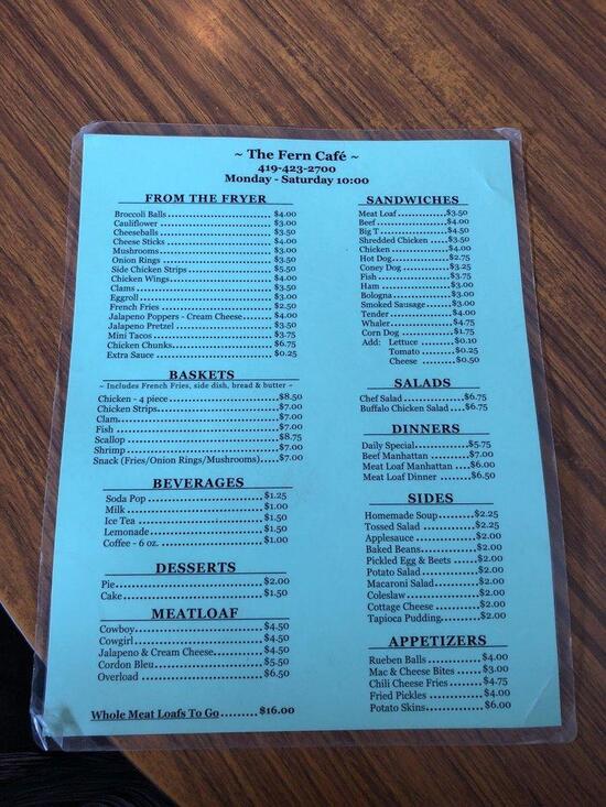 Menu at Fern Cafe, Findlay