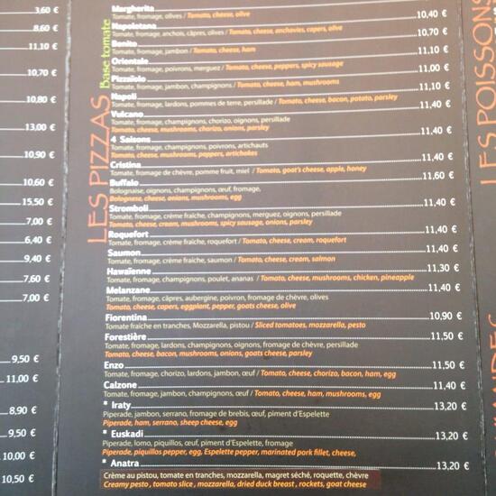 Menu au Restaurant Le Napoli Hossegor, SoortsHossegor