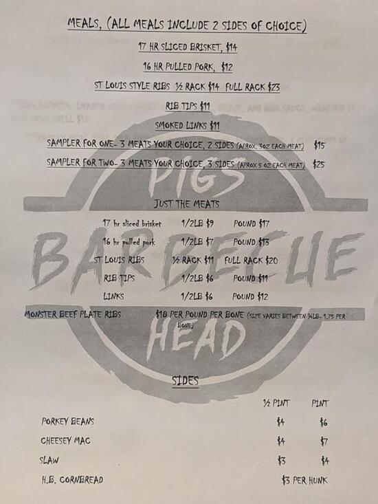 Menu at PIGS HEAD BBQ, Gobles