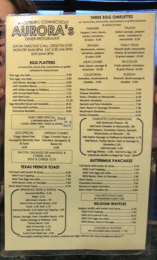 Menu at Aurora Diner restaurant, Waterbury