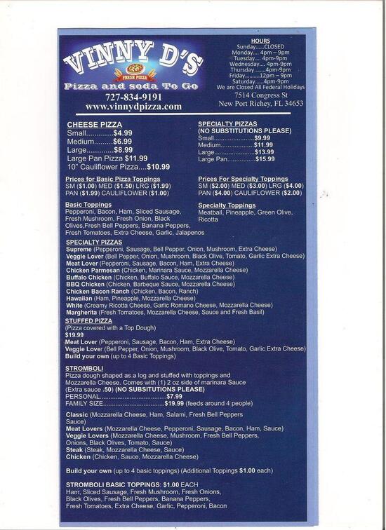 Menu at Vinny D's New Port Richey Pizza pizzeria, New Port Richey