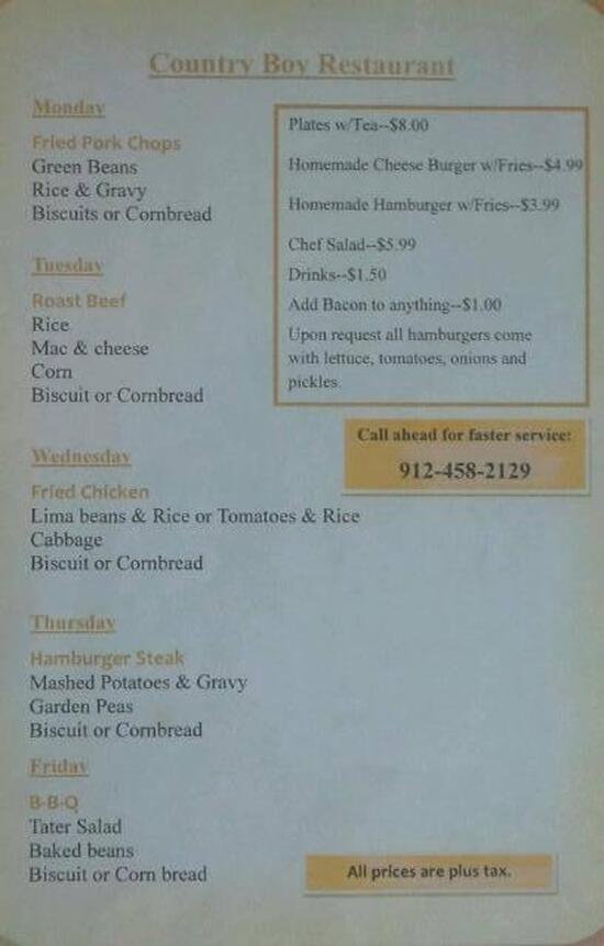 Menu at Country Boy Restaurant, Hoboken, 221 Chicago Ave
