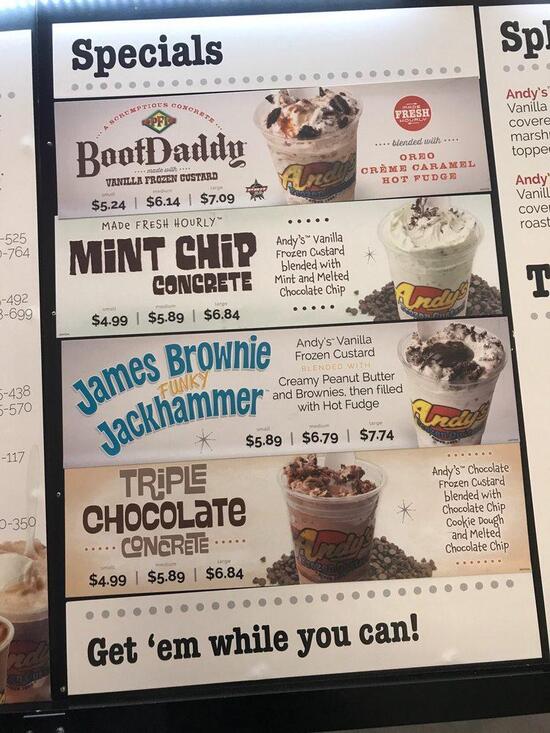Menu at Andy's Frozen Custard desserts, Broken Arrow, 800 E Kenosha St