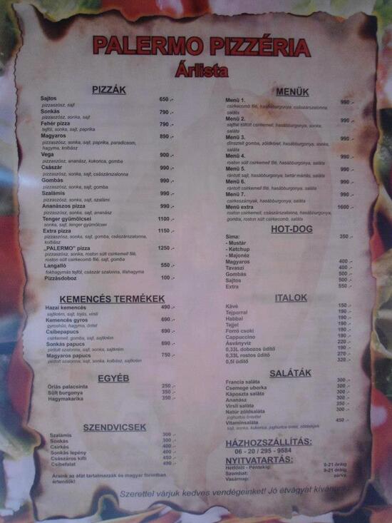 Menu at Palermo Pizzéria restaurant Sarkad