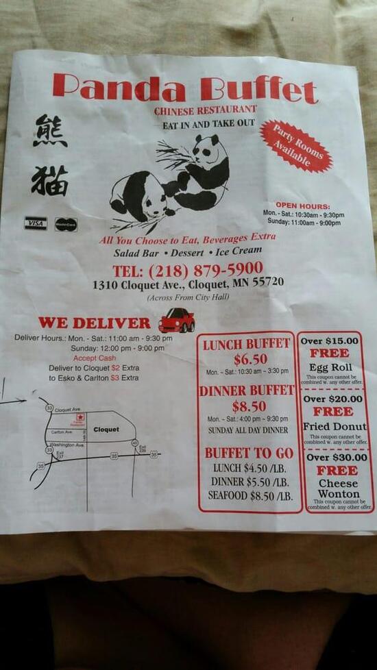 Menu at Panda Buffet restaurant, Cloquet