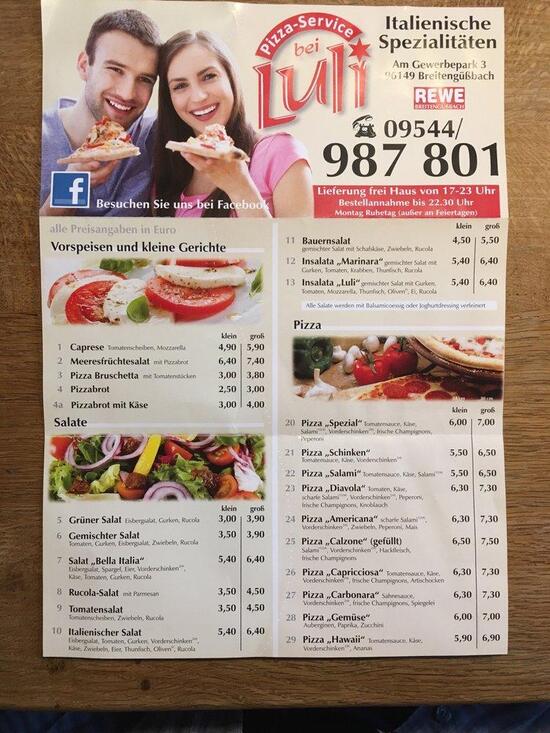 Speisekarte von Pizzaservice bei Luli, Breitengüßbach