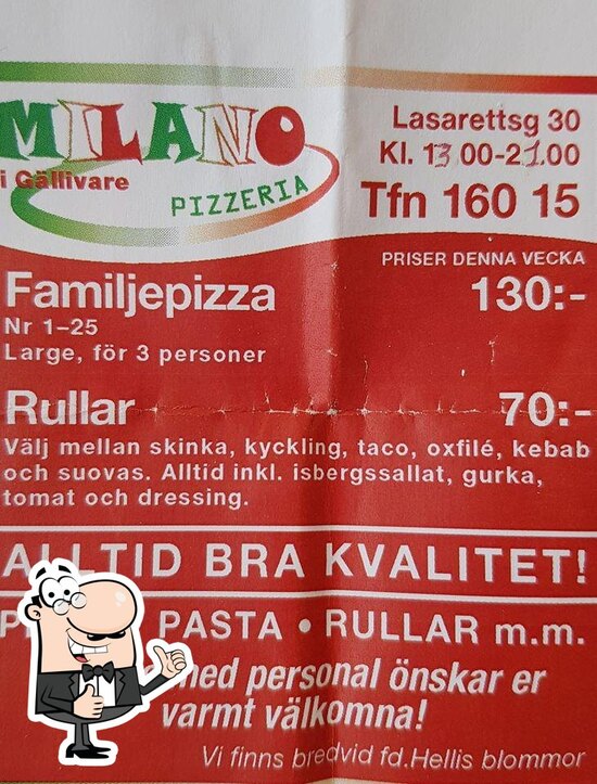 Menu at Pizzeria Milano, Gällivare