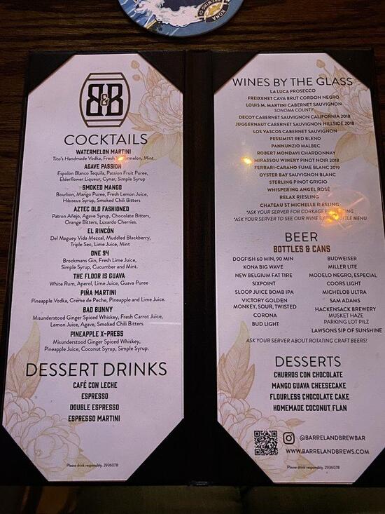 Carta de Barrel & Brew Craft Bar, Kitchen & Spirits, New Milford