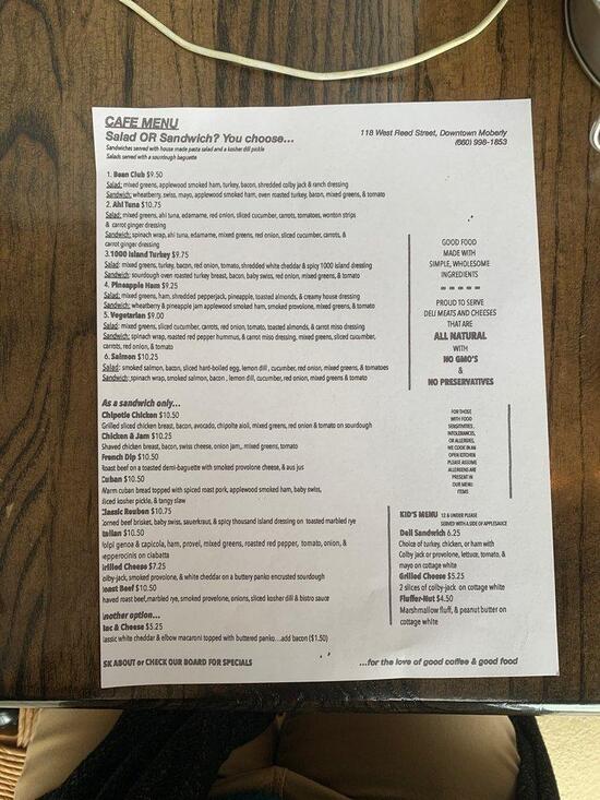 Menu at Bean cafe, Moberly