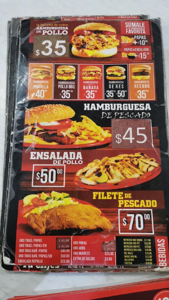 Menu at Tony´s Fried Chicken restaurant, Guadalupe