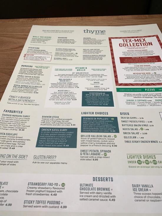 Menu at Thyme restaurant, Stretford, Sir Alex Ferguson Way