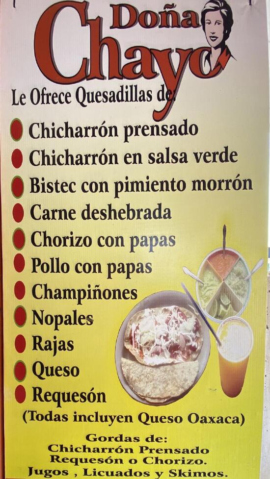 Menu at Quesadillas Doña Chayo restaurant Zihuatanejo