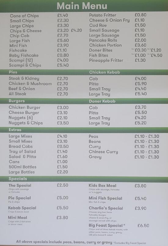 Menu at North Wingfield Fish Bar, Chesterfield, 29 Chesterfield Rd