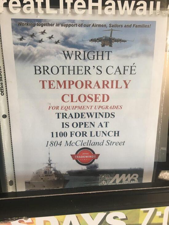 Menu at Wright Brothers Cafe, Honolulu