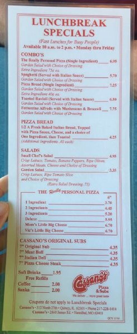 Menu at Cassano's Pizza King pizzeria, Quincy