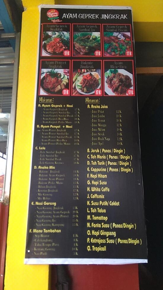 Menu at Ayam Geprek Jingkrak cafe, Bukittinggi