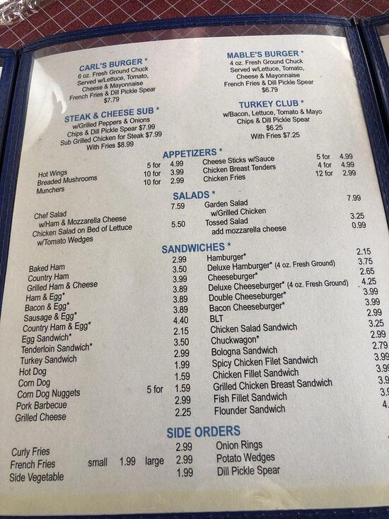 Menu at Carl's Place restaurant, Penhook