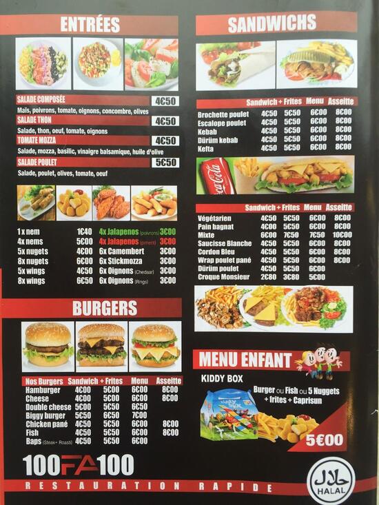 Menu au 100 fa 100 snack restaurant, Metz