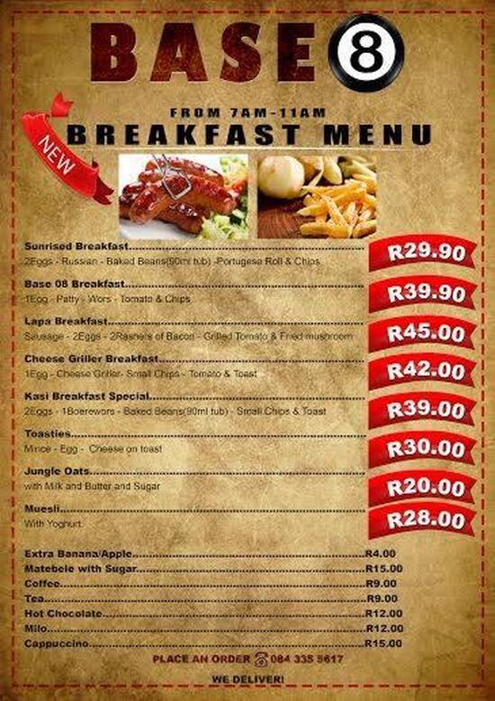 Menu at BASE 8 restaurant, Polokwane, 448/ 3 Seshego