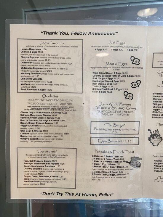 Menu at Joe's OneNiner Diner restaurant, Paso Robles