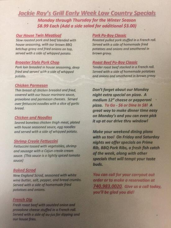 Menu at Jackie Ray's Grill pub & bar, Ashville