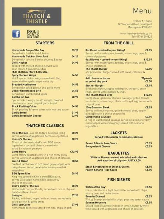 Menu at Thatch & Thistle 147 pub & bar, Southport