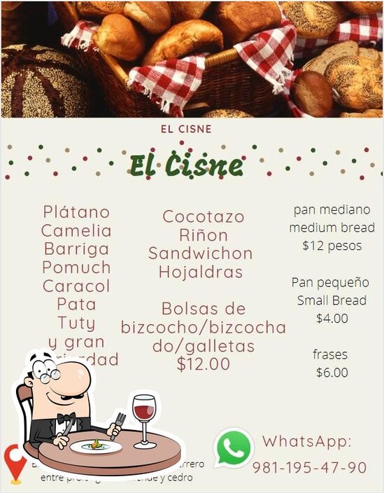 Menu at El cisne (panadería), Campeche