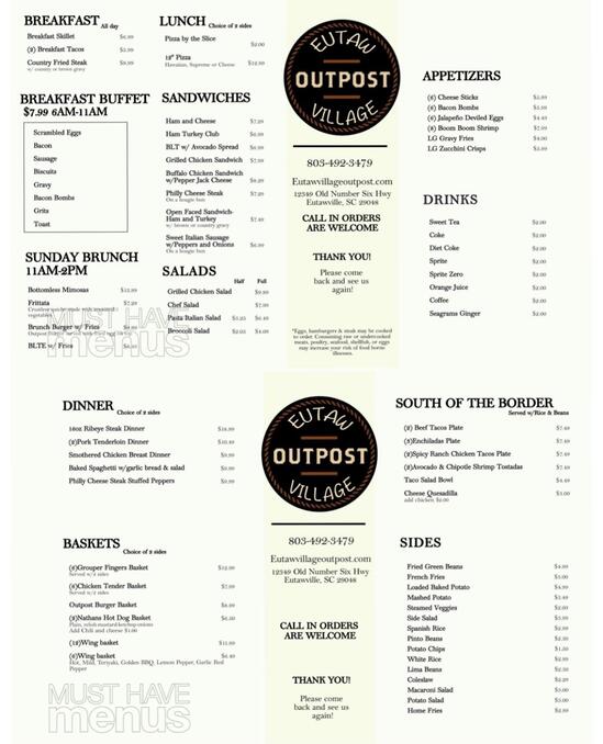 Menu at Eutaw Village Outpost restaurant, Eutawville