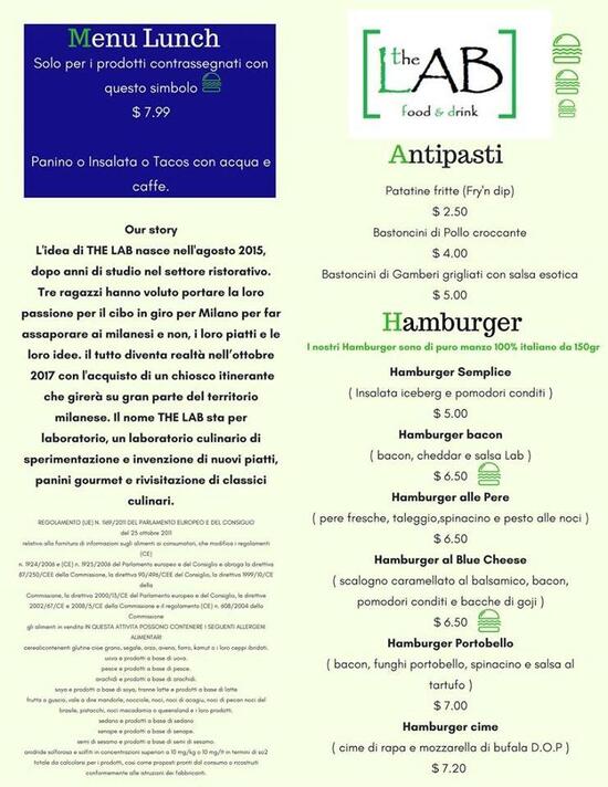Menu da Coffee Lab fast food, Milano