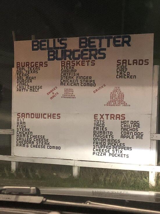 Menu at Bells Better Burgers restaurant, Balch Springs