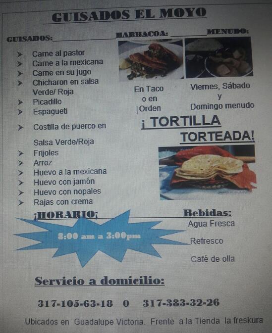 Carta Del Restaurante Guisados El Moyo Tortilla Torteada Autlan Del