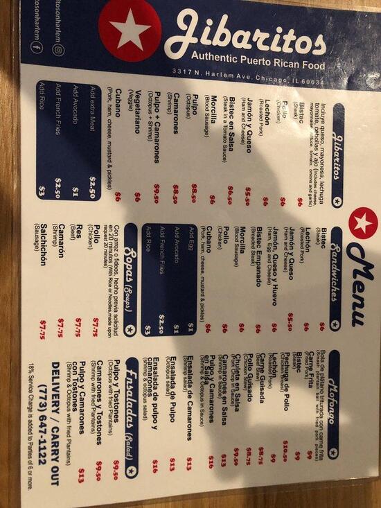 Menu at Jibaritos on Harlem, Chicago