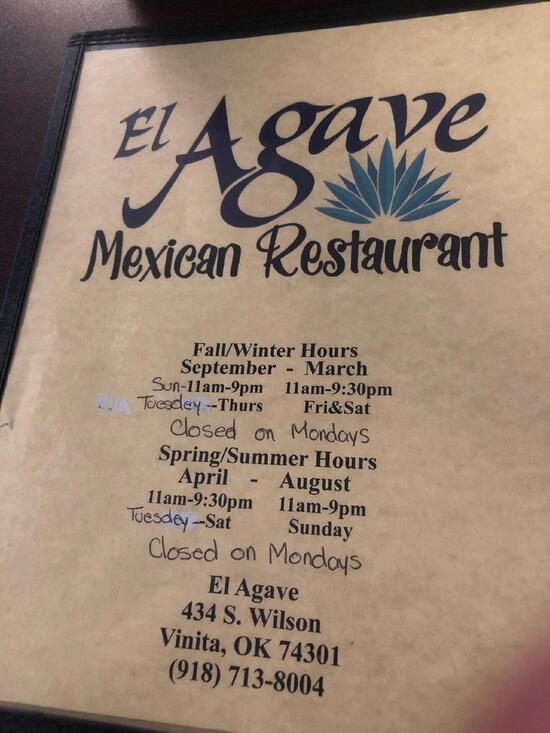 Menu at El agave mexican restaurant, Vinita