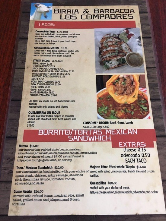 Carta de Birria & Barbacoa de Chivo Los Compadre's, Baton Rouge