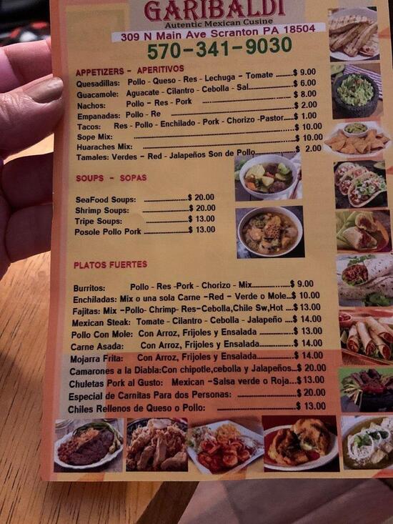 Menu at Garibaldi Authentic Mexican Cuisine restaurant, Scranton