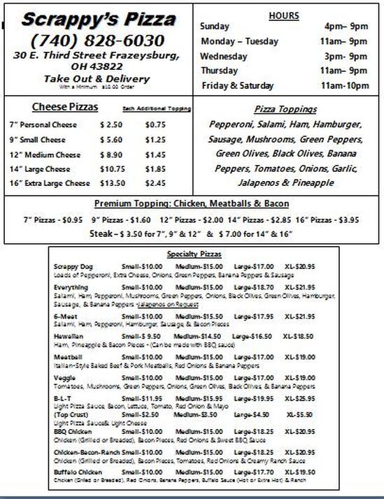Menu at Scrappy's Pizza pizzeria, Frazeysburg