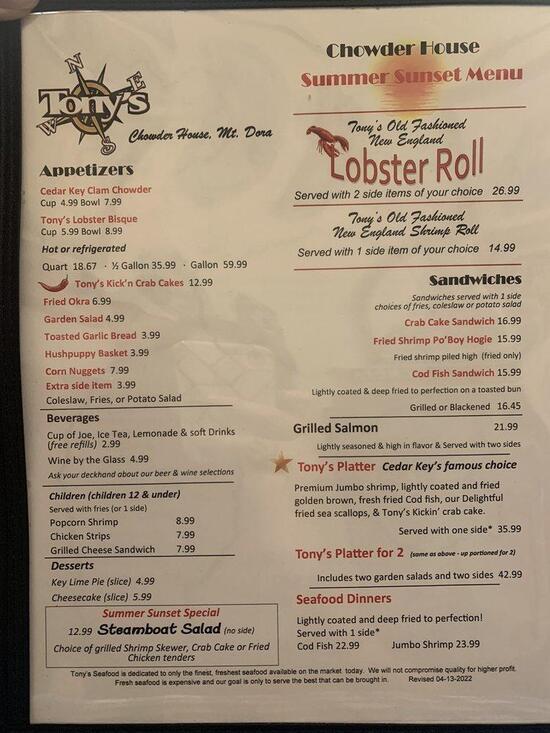 Menu at Tonys Clam Chowder Seafood Restaurant, Mount Dora
