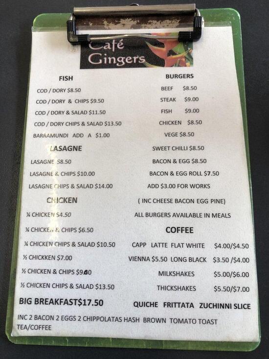 Menu at Cafe Gingers, Yandina