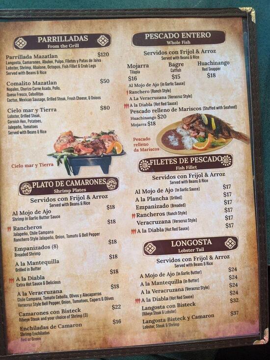 Menu at Mariscos Mazatlan Restaurant, Moreno Valley